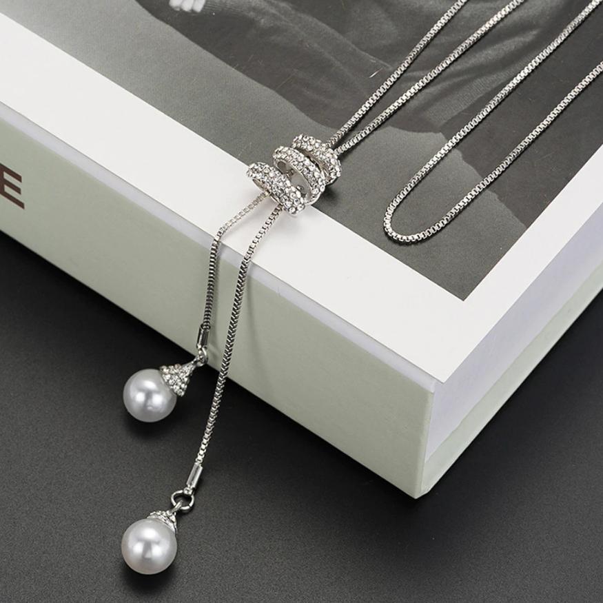 Long Pearl Bead & Crystal Lariat Necklace