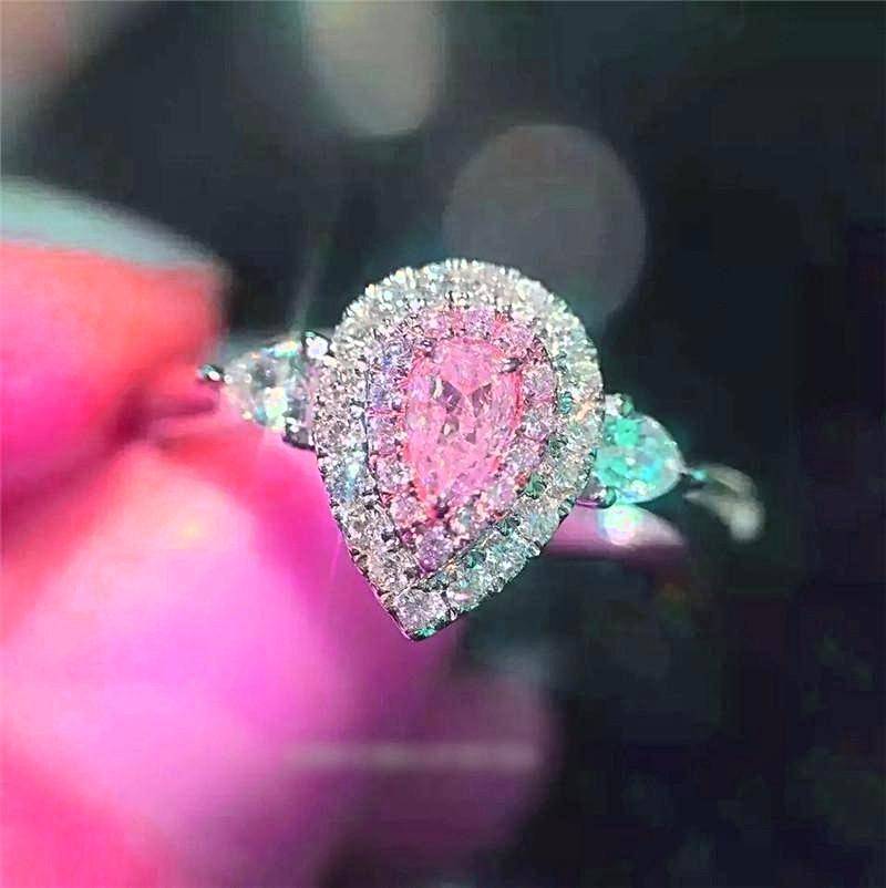 14K Gold Plated Petite Pavé Pear Cut CZ Halo Ring for Woman - White or Pink CZ