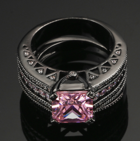 Pink Dusk Princess Cut CZ and Black Gold Engagement Ring Set