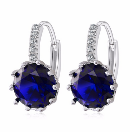 14K Gold Plated Sapphire Blue Color 3.5CTW CZ Solitaire Hoop Earrings for Woman