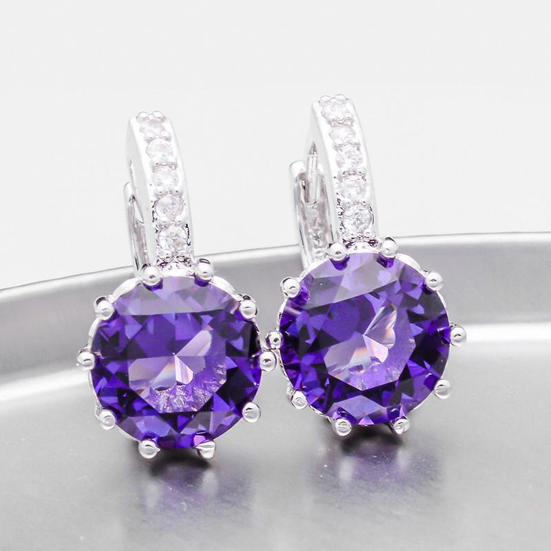 14K Gold Plated Perfect Purple 3.5CTW CZ Solitaire Hoop Earrings For Woman