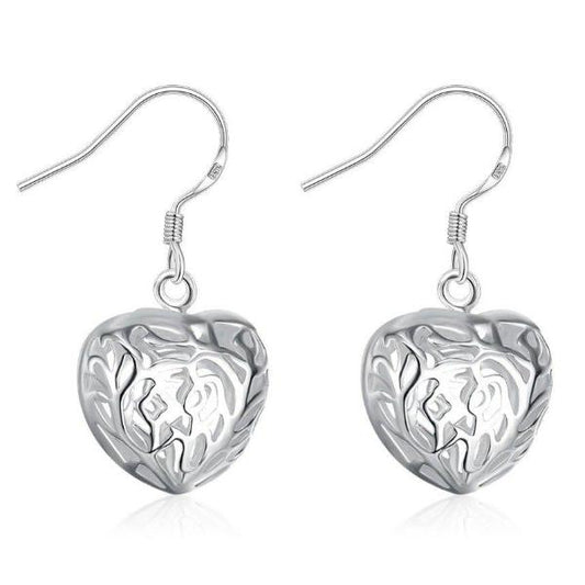 Silver Cut Out Fancy Puffed Silver Heart Earrings For Woman