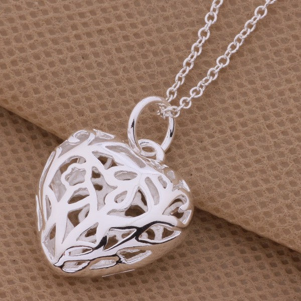 Cut Out Fancy Puffed Heart Silver Necklace For Woman
