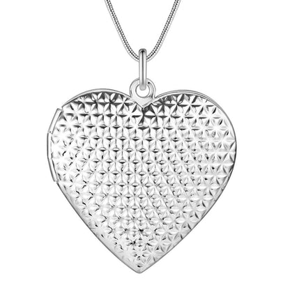 Diamond Cut Design Stamped Silver Heart Locket Necklace Momento Gift for Women