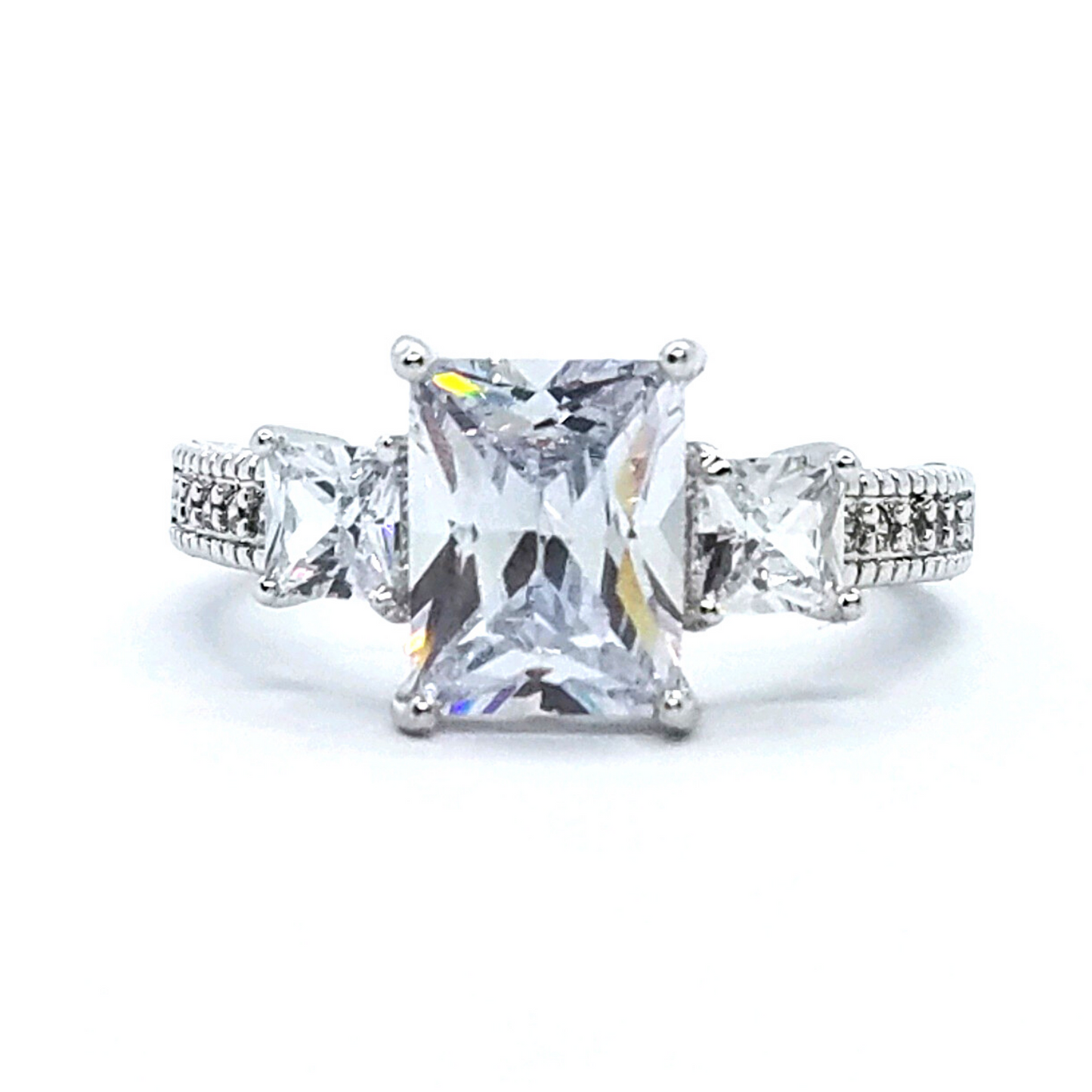 14K White Gold Plated Radiance Radiant Cut 3.1 TCW Three Stone Simulated Diamond Ring for Woman Special Occasion