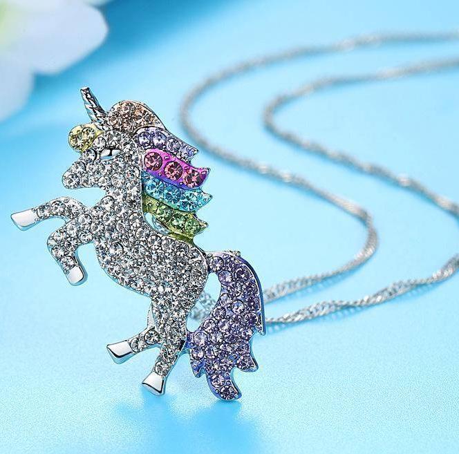14K White Gold Plated Rainbow Crystal Unicorn Shine Necklace 18 Inch Twisted Chain for Woman or Teen Special Occasion