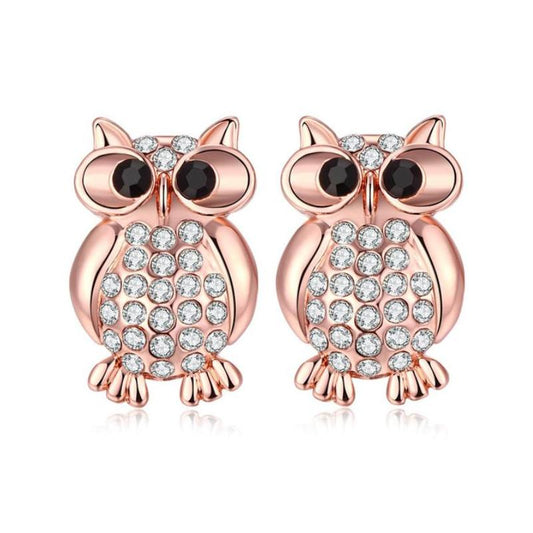 Rosy Zirconia Owl Stud Earrings for Women