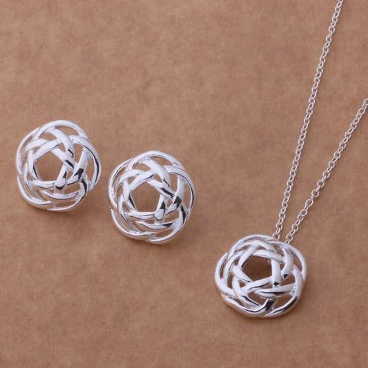 Rose Dome Silver Necklace and Earrings Set