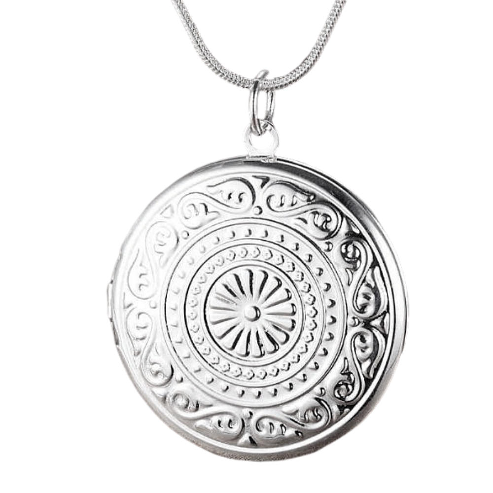 Round Embossed Sterling Silver Locket Necklace for Woman