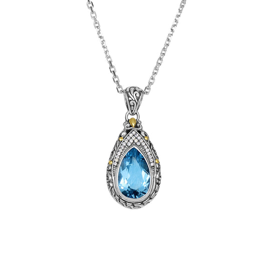 18Kt Yellow Gold+Silver with Oxidized Finish Shiny 34X16mm White Sapphire+Blue Topaz Teardrop Byzantine Pendant On Silver 18 inches 1.9mm Cable Chain Lobste