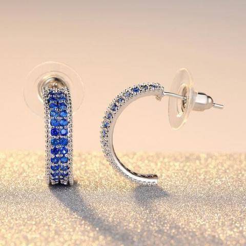 Blue Crystal Encrusted Half Hoop Earrings