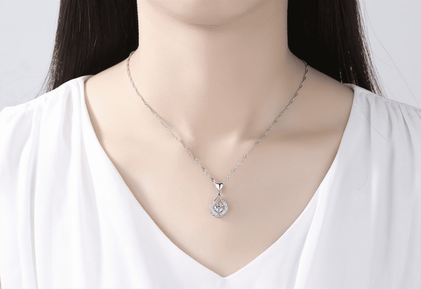 14K White Gold Plated Heart Drop Wrapped Brilliant Round Cut CZ Diamond Necklace for Women Special Occasions Bridal Holiday Valentine's Day