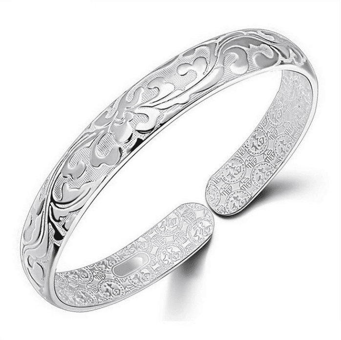 Scroll Carved Silver Cuff Bangle Bracelet for Women