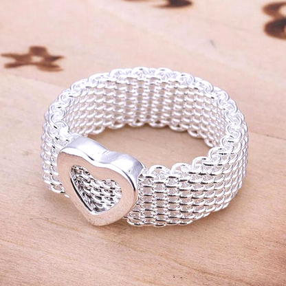 Heart Silky Chains Silver Mesh Ring for Women Casual or Dressy