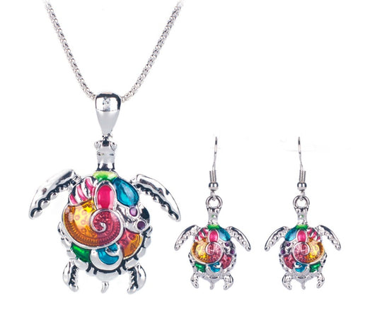 Artsy Sea Turtle Enamel Necklace and Earrings Set