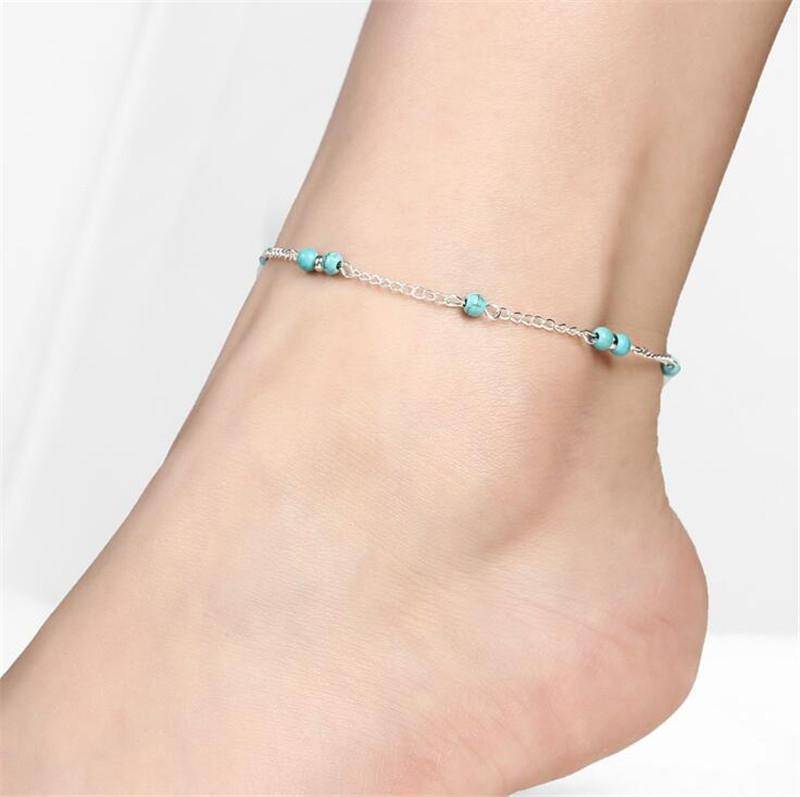 Petite Turquoise Beads Silver Anklet