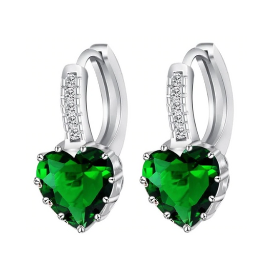 Heart Shaped Spring Green Diamond CZ Solitaire Hoop Earrings For Woman