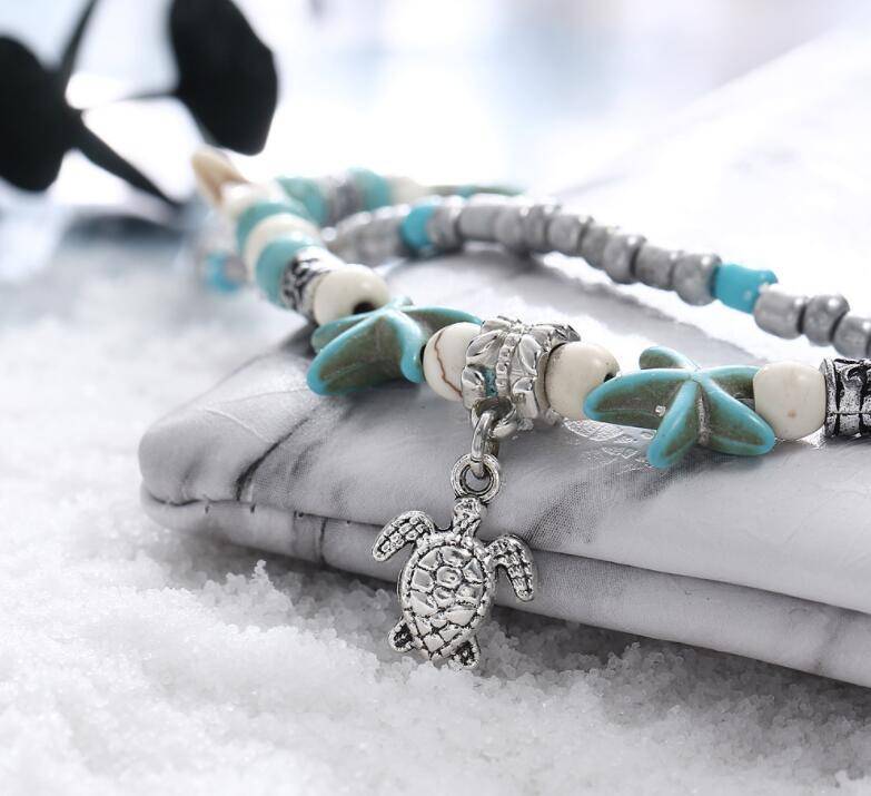 Sea Turtle & Starfish Turquoise Bead Anklet Ankle Bracelet for Woman Everyday or Beach Wear Summer Foot Accessory