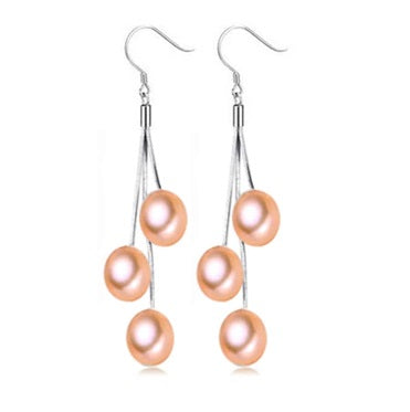 Peach Triple Genuine Freshwater Pearl Sterling Silver Tassel Earrings for Women