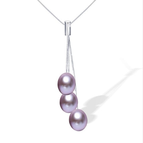 Lavender Triple Genuine Freshwater Pearl Sterling Silver Tassel Necklace for Women