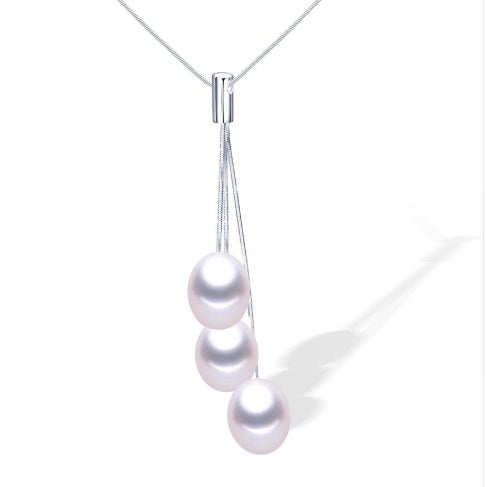 White Triple Genuine Freshwater Pearl Sterling Silver Tassel Necklace for Women