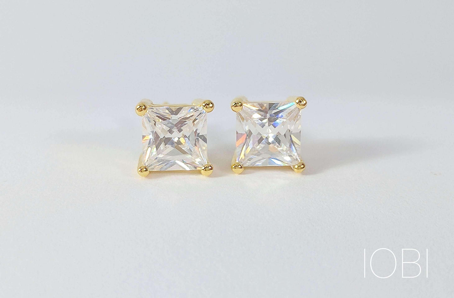 Tiara Princess Cut IOBI Simulated Diamond Solitaire Stud Sterling Silver Earrings for Woman