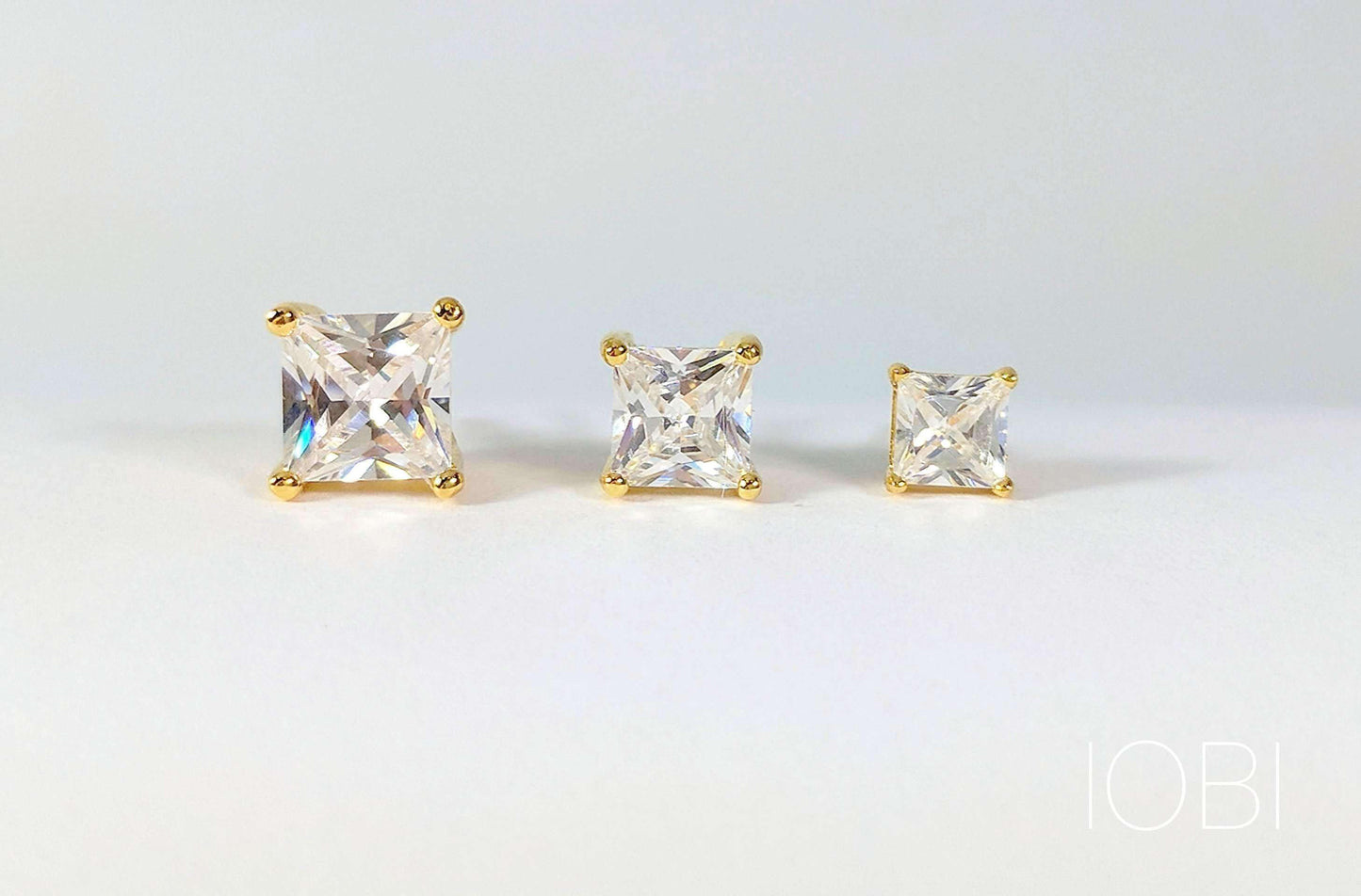 Tiara Princess Cut IOBI Simulated Diamond Solitaire Stud Sterling Silver Earrings for Woman