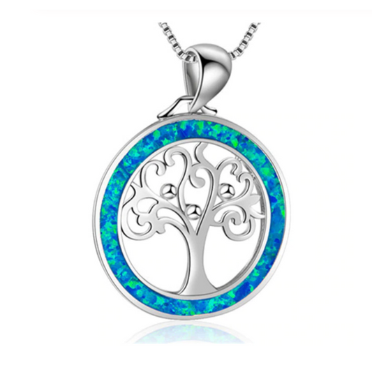 Artisan Opal Blue Tree Of Life Enamel Pendant Necklace for Women