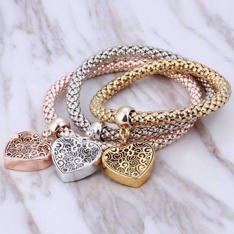 Filigree Heart Austrian Crystal Tri-Color Stretch Bracelet Set