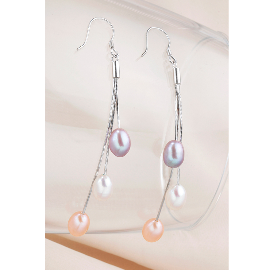 Tri-Color Freshwater Pearl Sterling Silver Tassel Earrings