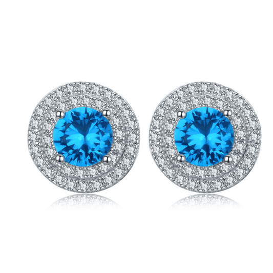 Tropical Blue CZ Double Halo 14K White Gold Plated Stud Earrings for Woman