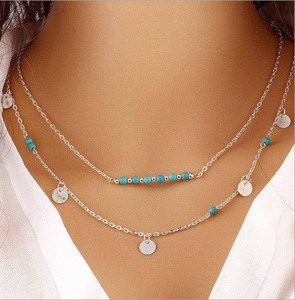 Turquoise Bead Double Layer Necklace for Woman Everyday Modern Wear
