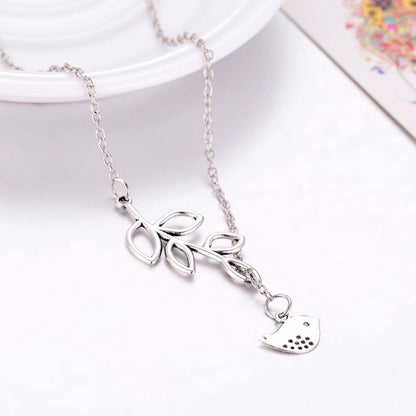 14K White Gold Plated Cute Bird Leaf Vine Thread Necklace for Woman Everyday Wear or Gift