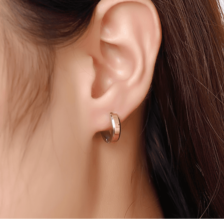 Two Tone Polished Stainless Steel Huggie Hoop Earrings - For Men or Women