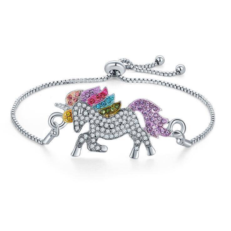 14K White Gold Plated Rainbow Crystal Unicorn Shiny And Sparkly Bracelet for Woman Special Occasion Birthday Holiday