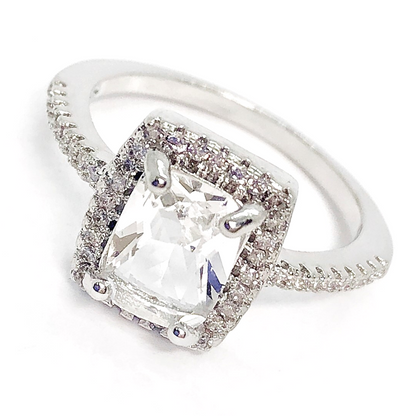 18K White Gold Bonne Vie Radiant Emerald Cut White Zirconia Halo Ring For Woman