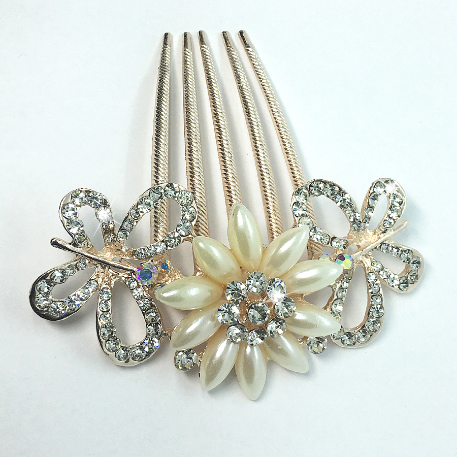 Gardenia Pearl Flower and Crystal Butterfly Gold Plated Hair Comb