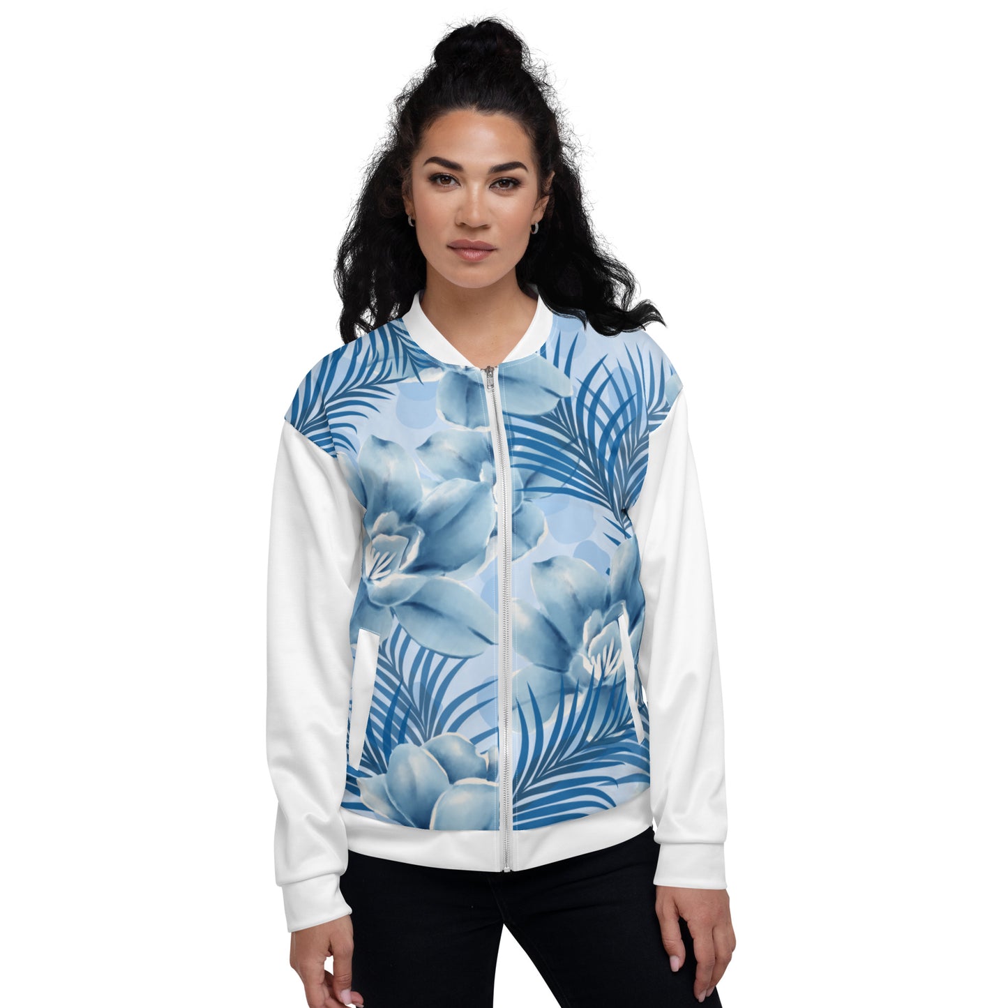 Women Bomber Jacket With Zipper Premium Quality Blue Fire Bird Floral Design by IOBI Original Apparel