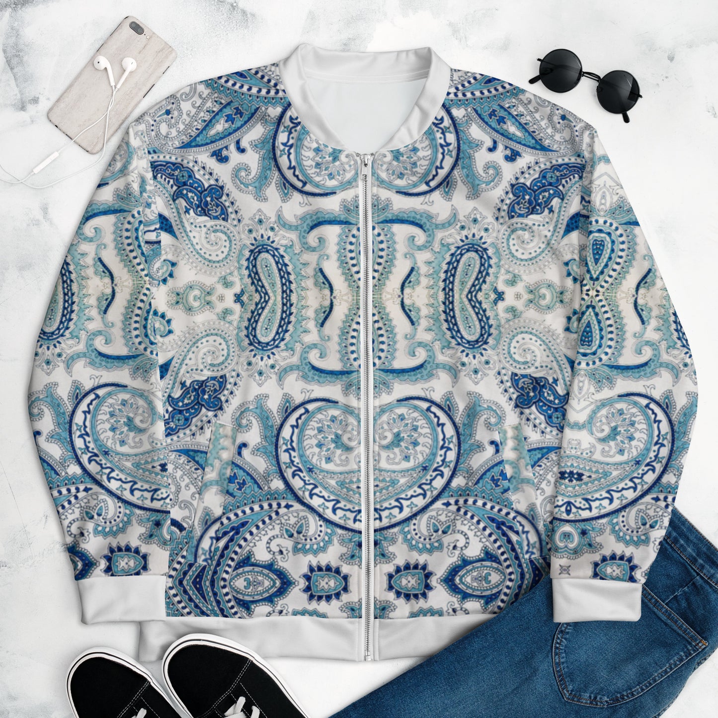 Women Bomber Jacket With Pockets Zipper Cool White Blue Paisley Design by IOBI Original Apparel