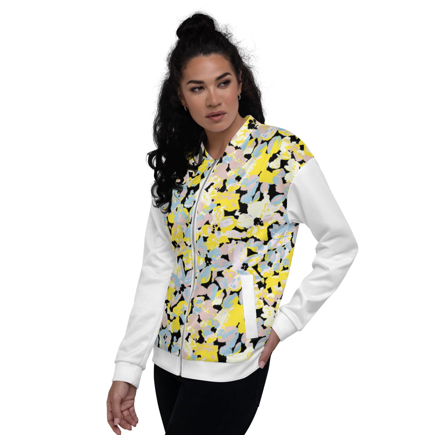 Women's Bomber Jacket With Pockets Zipper Premium Quality Yellow Blue Pink Bloom Design by IOBI Original Apparel