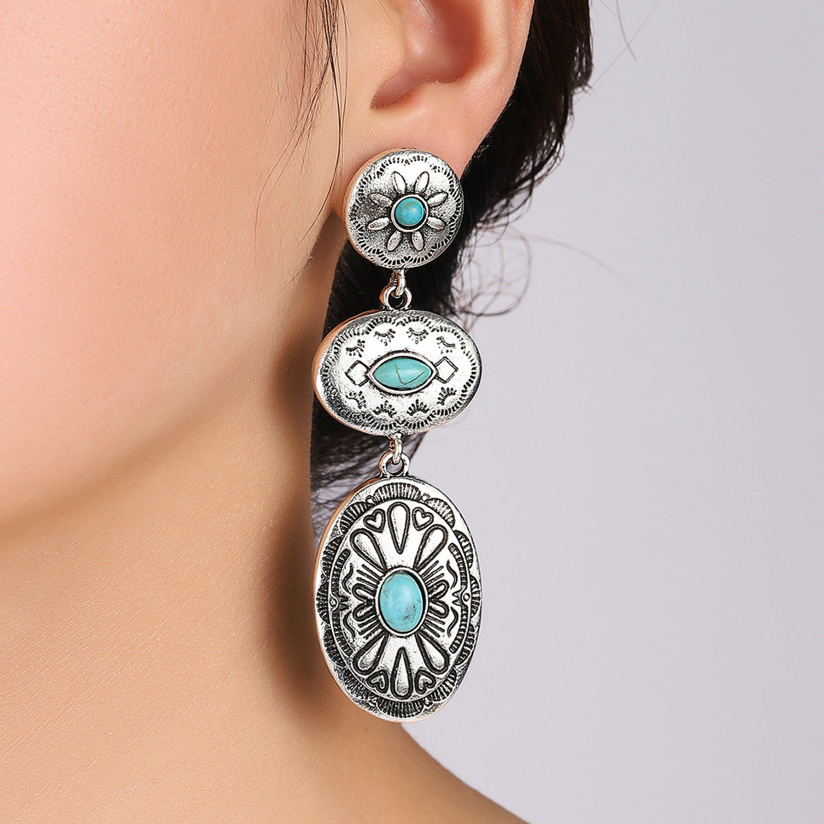 Retro Turquoise Oval Drop Earrings