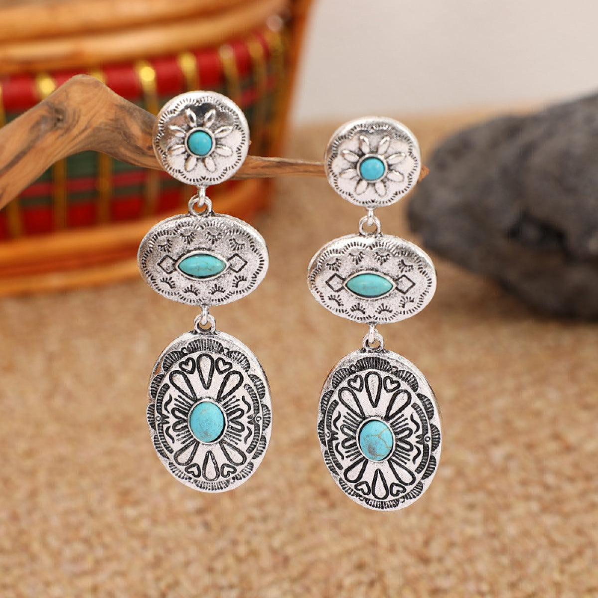 Retro Turquoise Oval Drop Earrings