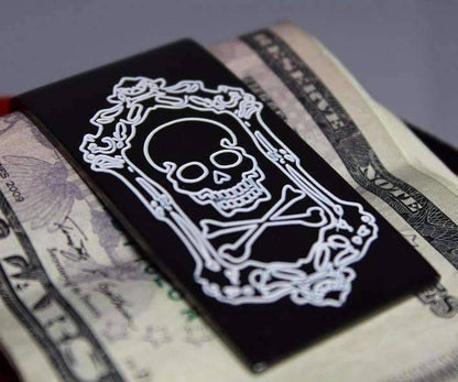 Feshionn IOBI accessories Black Skull & Cross Bones Etched Black Stainless Steel Money Clip