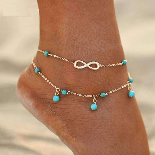 Feshionn IOBI Anklets Gold Chain Infinity Beads Double Ankle Bracelet In Silver or Gold