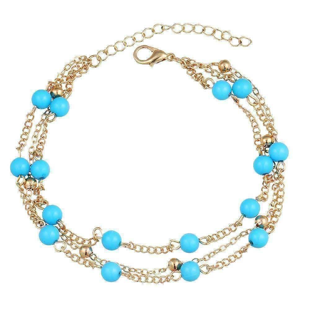 Feshionn IOBI Anklets Gold Chain Multi-Layer Turquoise Bead Ankle Bracelet In Silver or Gold