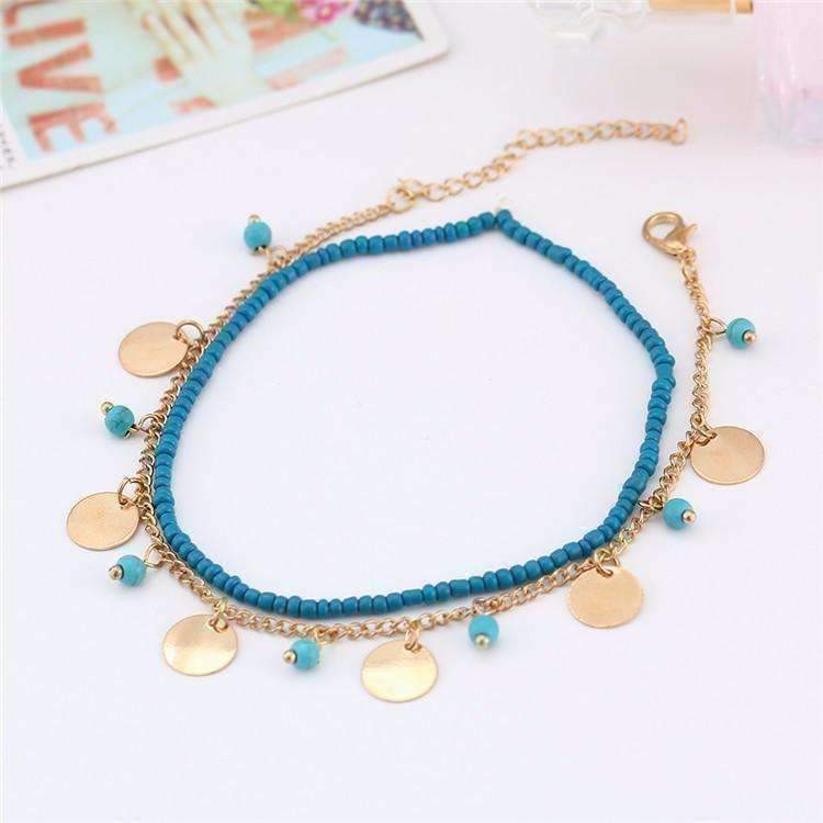 Feshionn IOBI Anklets Gold Chain Turquoise Chain and Bead Double Ankle Bracelet In Silver or Gold