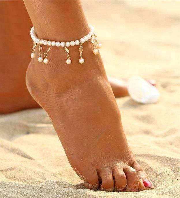 Feshionn IOBI Anklets Gold Pearl and Crystal Drop Ankle Bracelet Accented In Silver or Gold