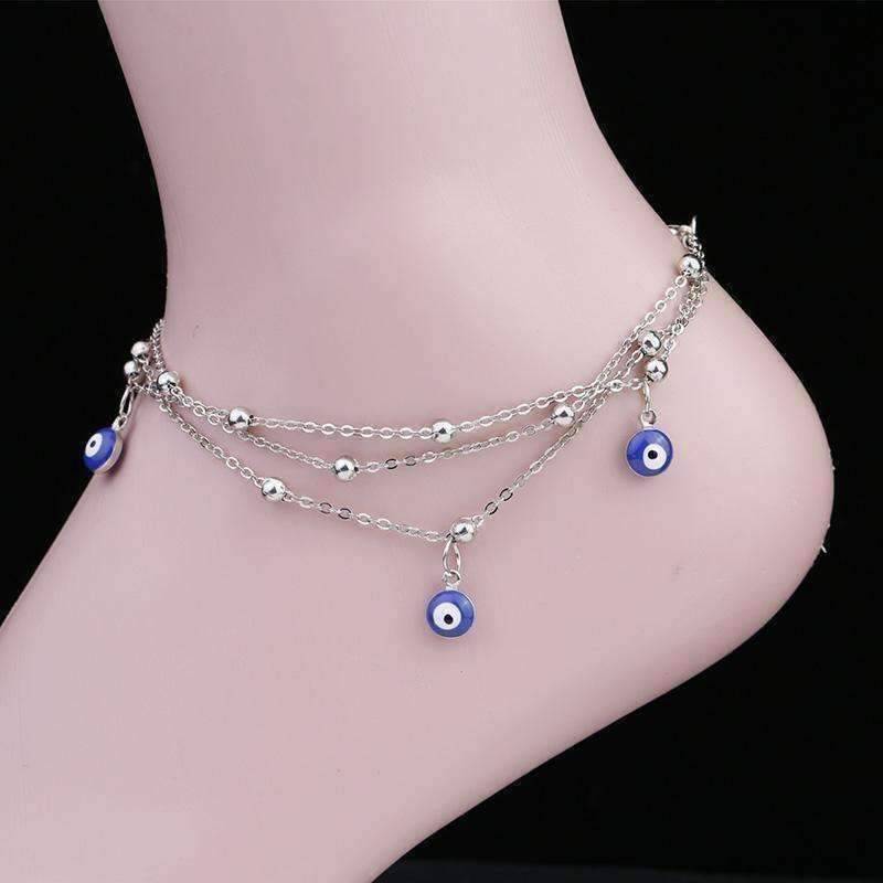 Feshionn IOBI Anklets Silver Chain ON SALE - Evil Eye Layered Ankle Bracelet In Silver or Gold