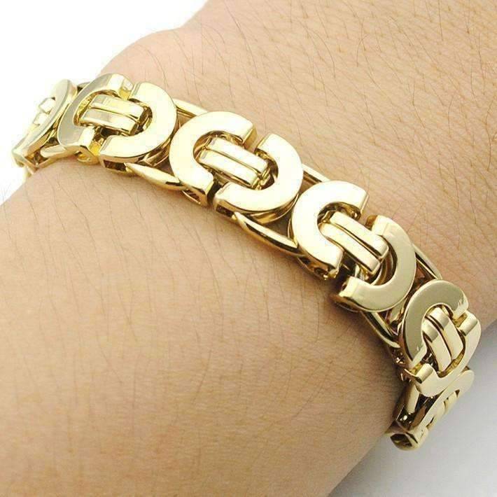 Feshionn IOBI bracelets Alpha 11mm Flat Byzantine Link 18K Gold Plated or Stainless Steel Men's Bracelet