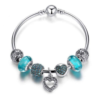 Feshionn IOBI bracelets Aqua Inspiration Aqua Glass & Crystal Hearts Silver Bangle Bracelet